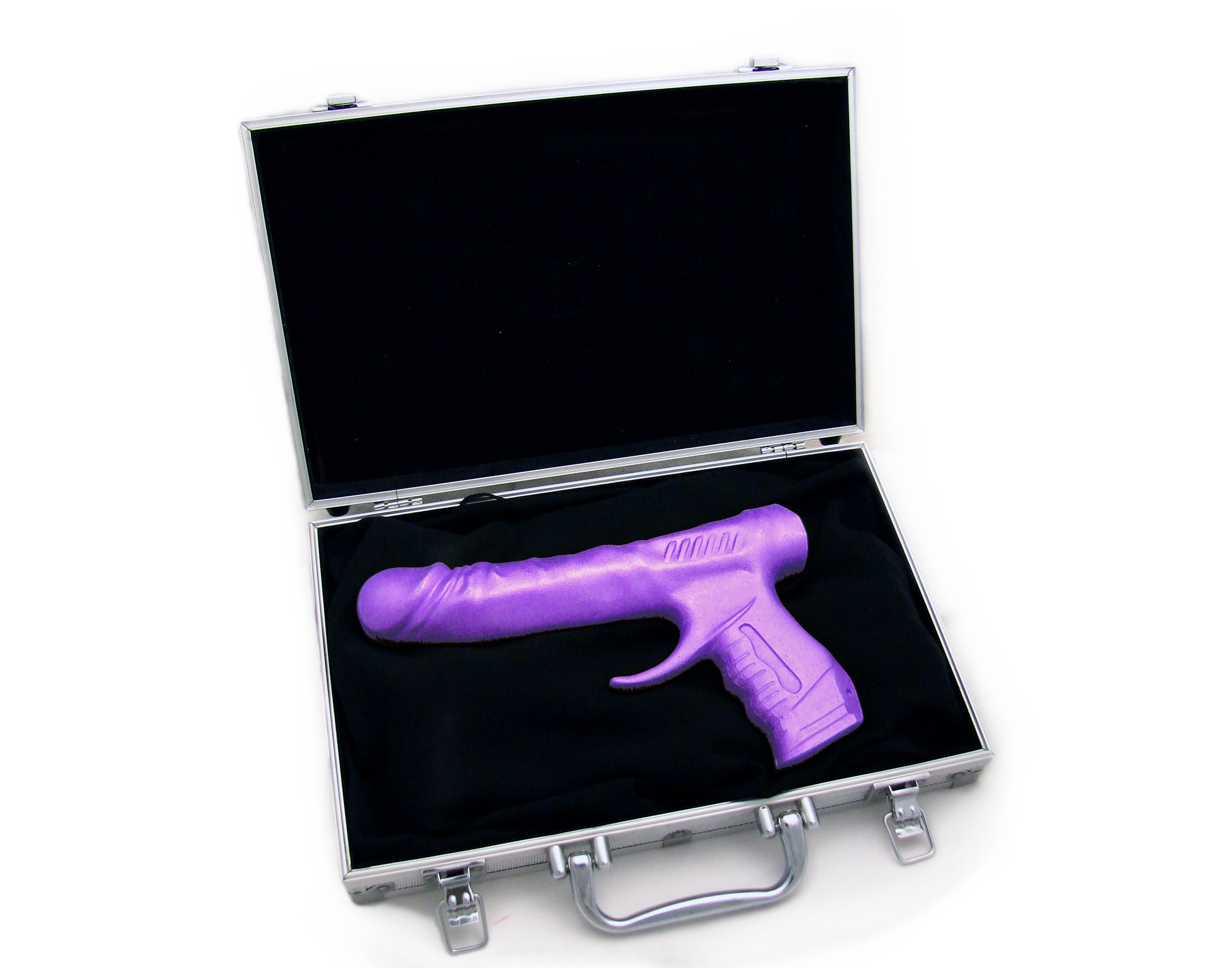 The violet nikita gun shaped dildo in it's sleek case
